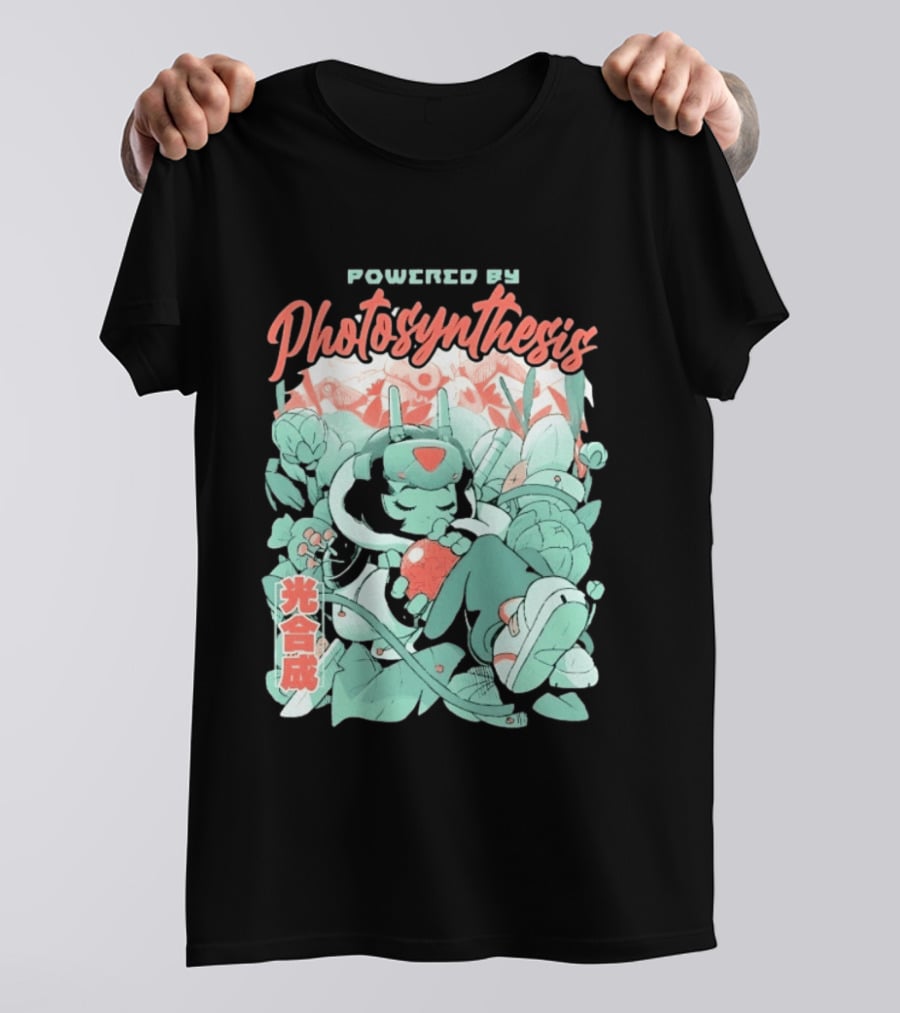 Powered By Photosynthesis Anime Kanji Characters And Cute Green Robot T-Shirt