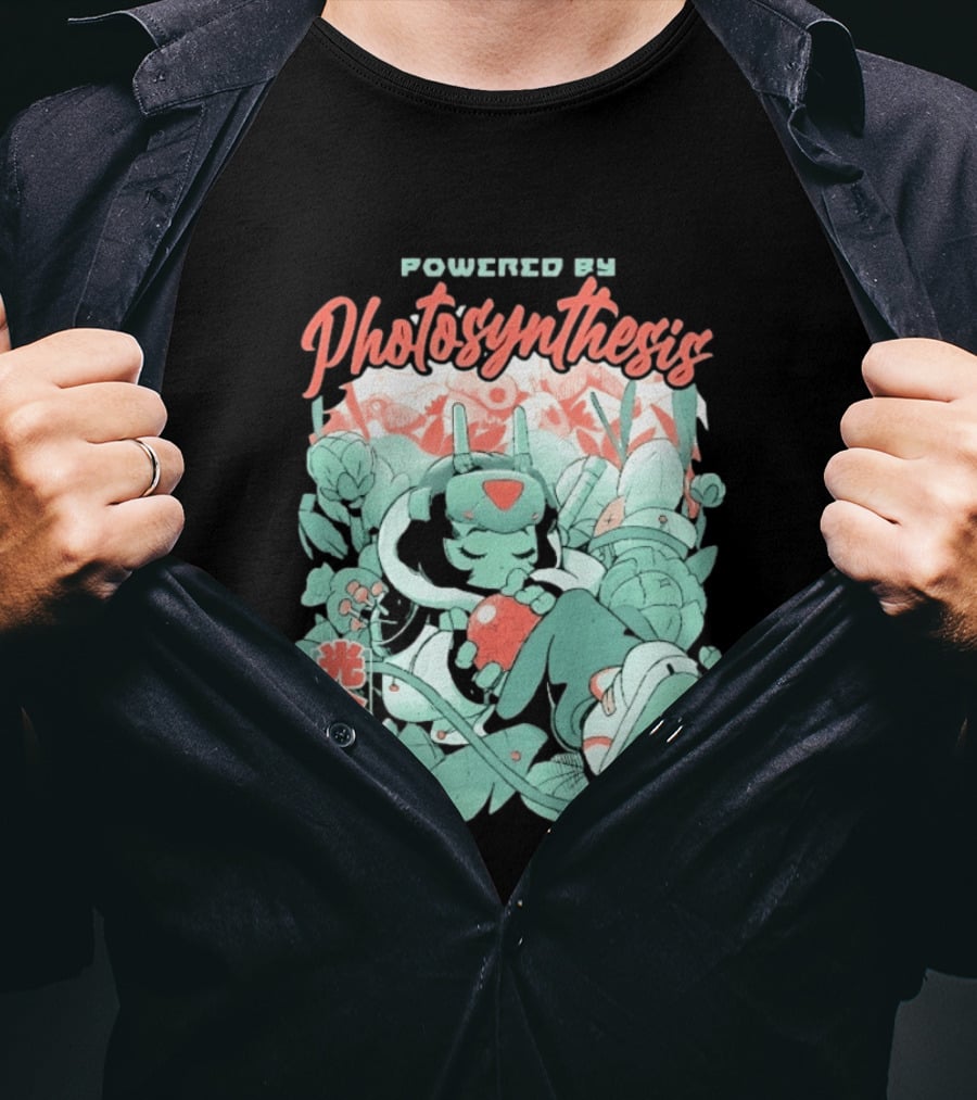 Powered By Photosynthesis Anime Kanji Characters And Cute Green Robot T-Shirt