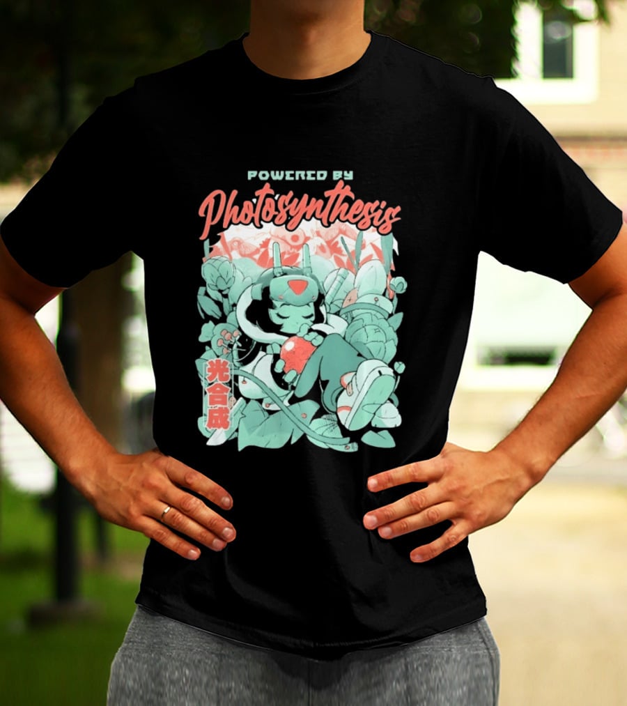 Powered By Photosynthesis Anime Kanji Characters And Cute Green Robot T-Shirt
