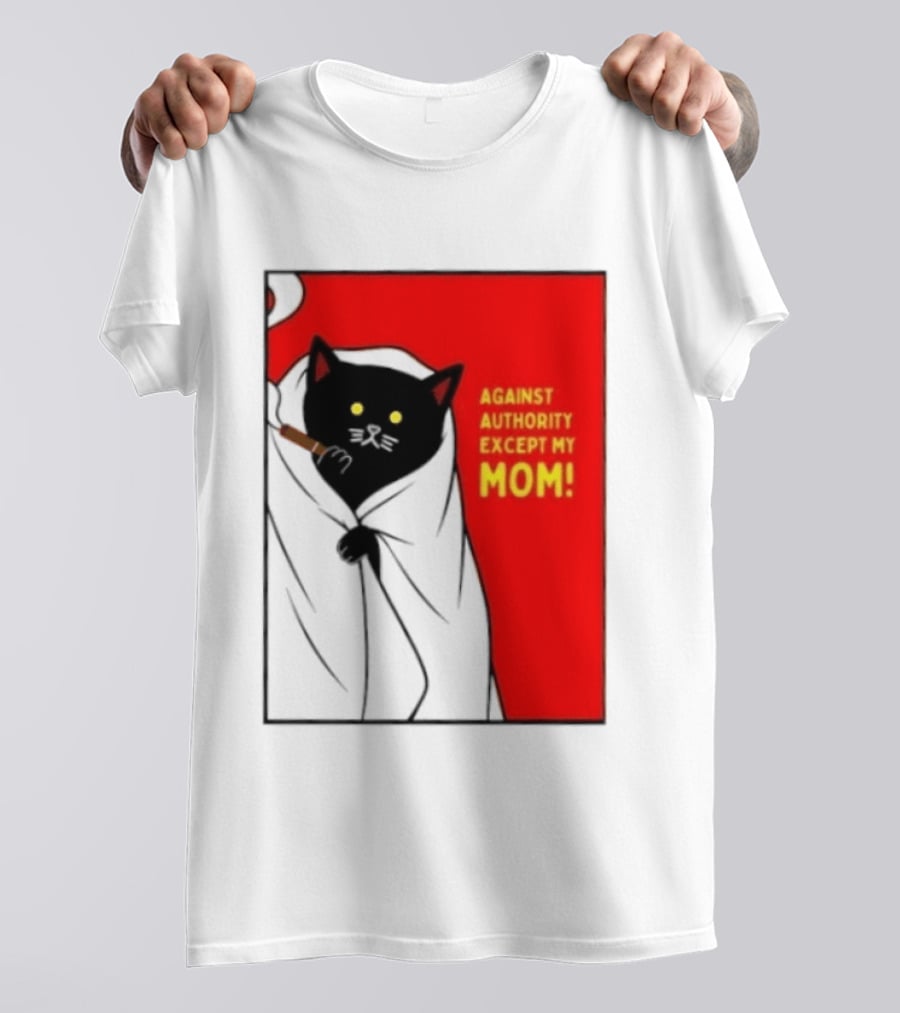 Black Cat Against Authority Except My Mom Smoking Cloaked Yellow Eyes Red T-Shirt