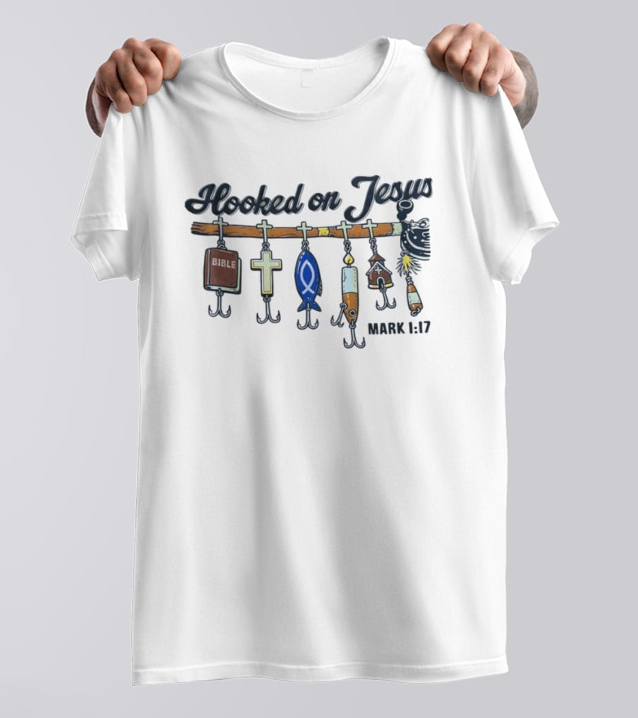 Hooked On Jesus Mark 1:17 Bible Cross Fish T-Shirt