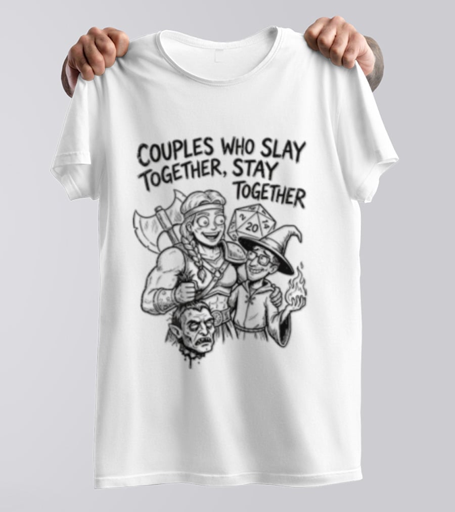 Couples Who Slay Together Stay Cartoon Barbarian Wizard D20 Orc Head T-Shirt