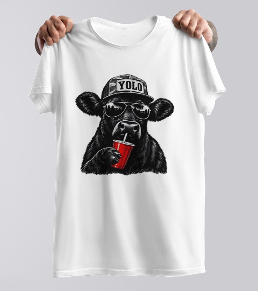 Cow With Yolo Camo Hat Sunglasses Red Cup T-Shirt
