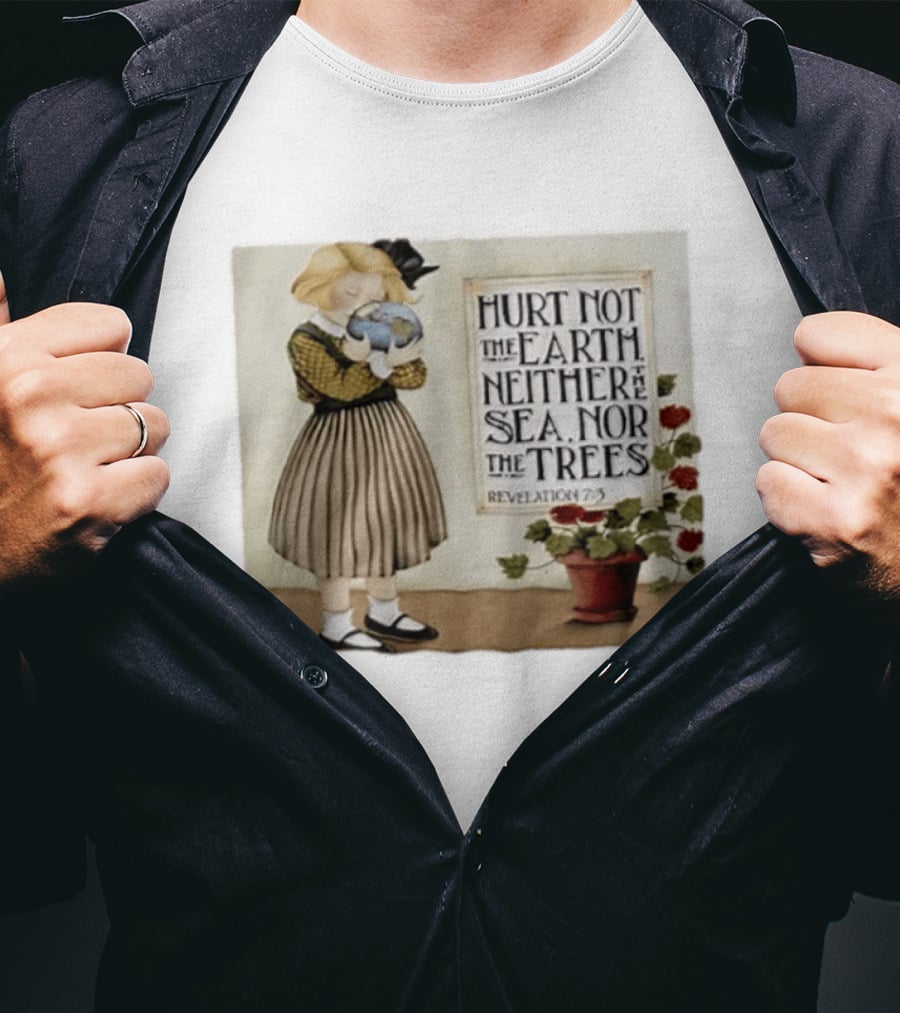 Hurt Not The Earth Revelation 7:3 Vintage Girl Holding Globe Environmental Protection T-Shirt