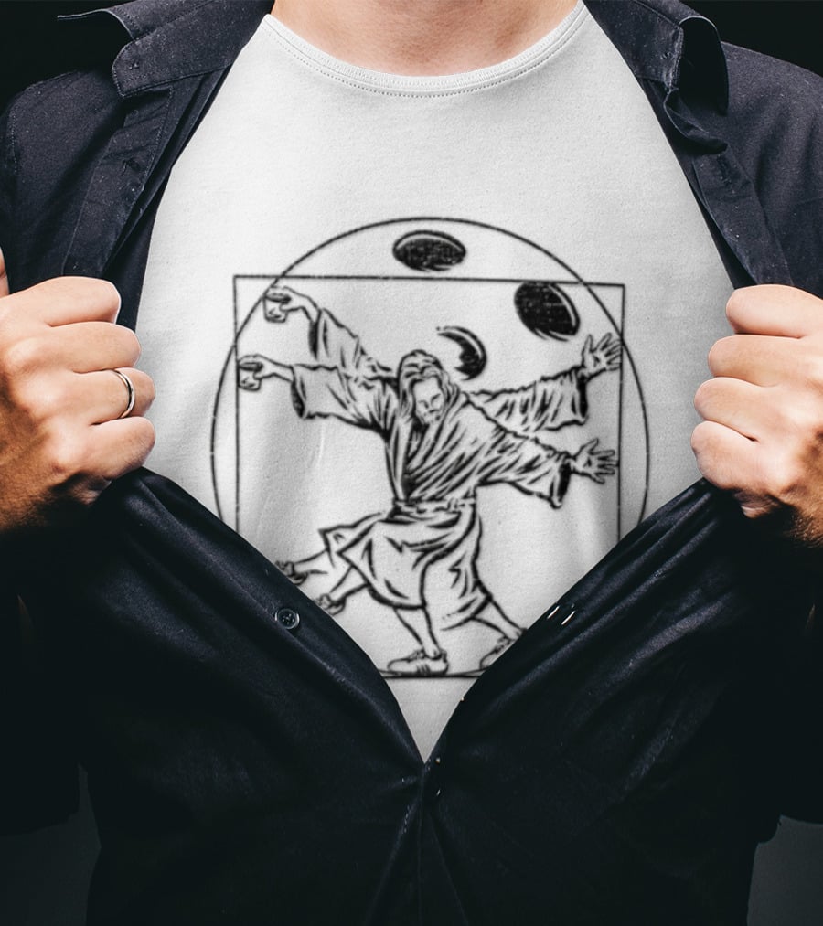 Jesus Christ Vitruvian Man Juggling Coffee And Whiskey Beans T-Shirt