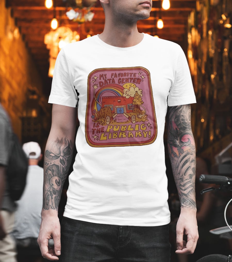 My Favorite Data Center Is The Public Library Rainbow Cartoon Library Scene T-Shirt
