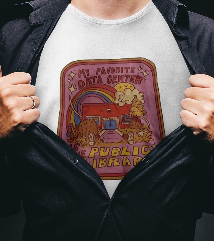 My Favorite Data Center Is The Public Library Rainbow Cartoon Library Scene T-Shirt