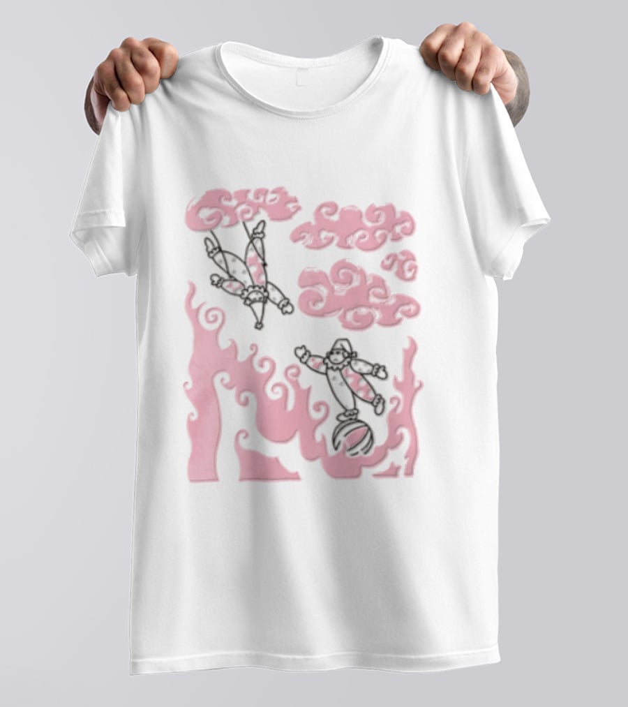 Pink Pastel Cartoon Circus Clowns Trapeze Ball Clouds Flames T-Shirt