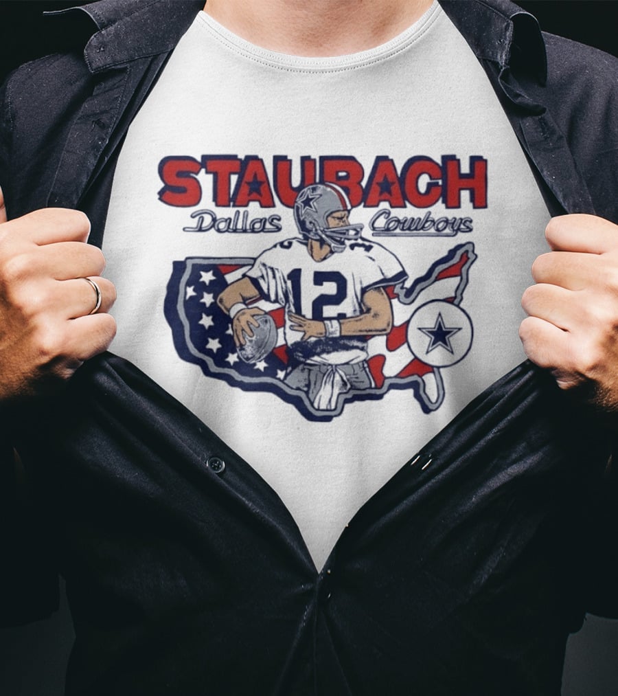 Staubach Dallas Cowboys 12 USA Map Star Helmet Football T-Shirt
