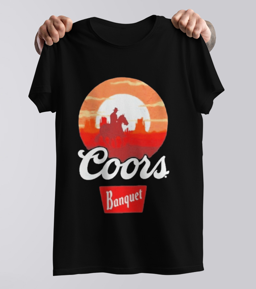 Coors Banquet Cowboy Horseback Riding At Sunset Western Scene T-Shirt