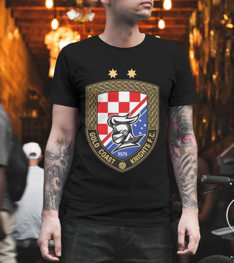 Gold Coast Knights F.C. 1979 Crest With Chessboard Pattern And Knight Helmet T-Shirt
