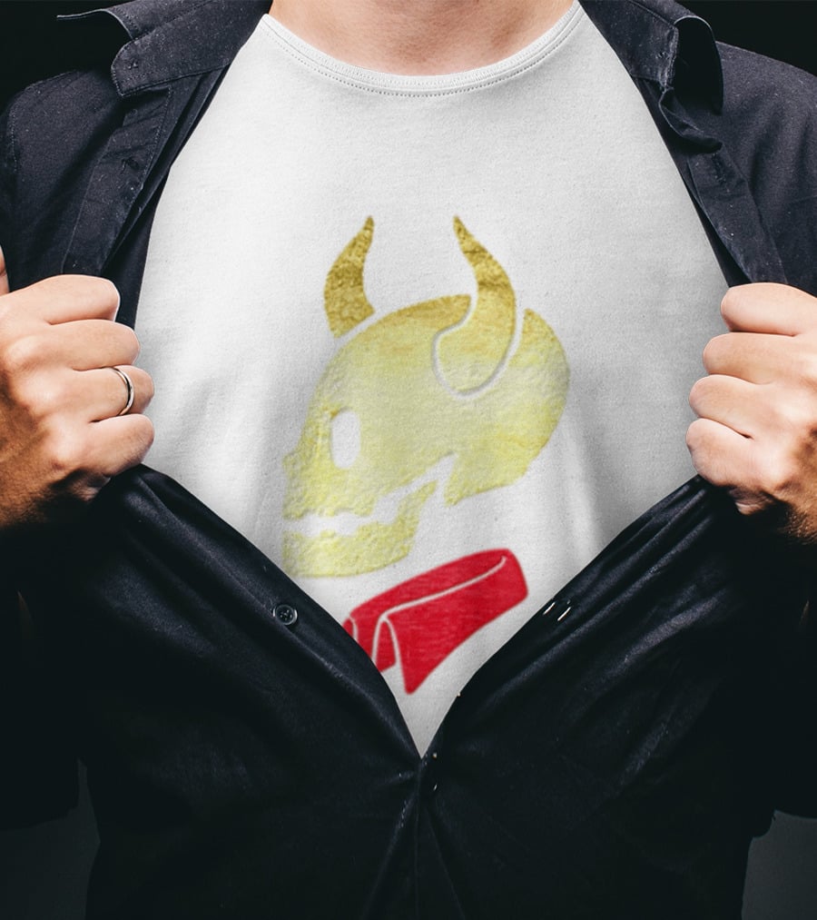 Devil Horn Skull Red Collar Gold Glitter T-Shirt