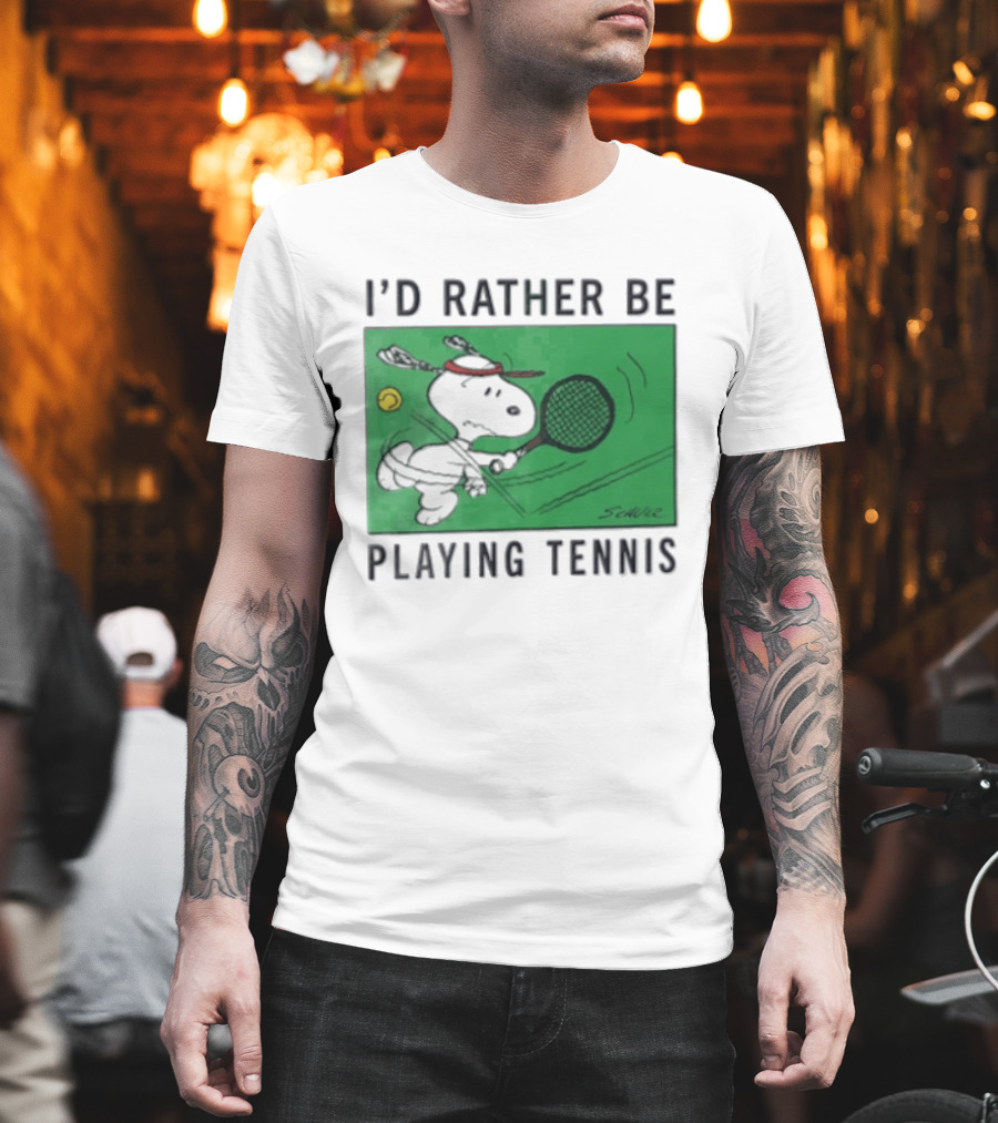 I'd Rather Be Playing Tennis Peanuts Snoopy Racquet Cartoon Green Court Schulz T-Shirt