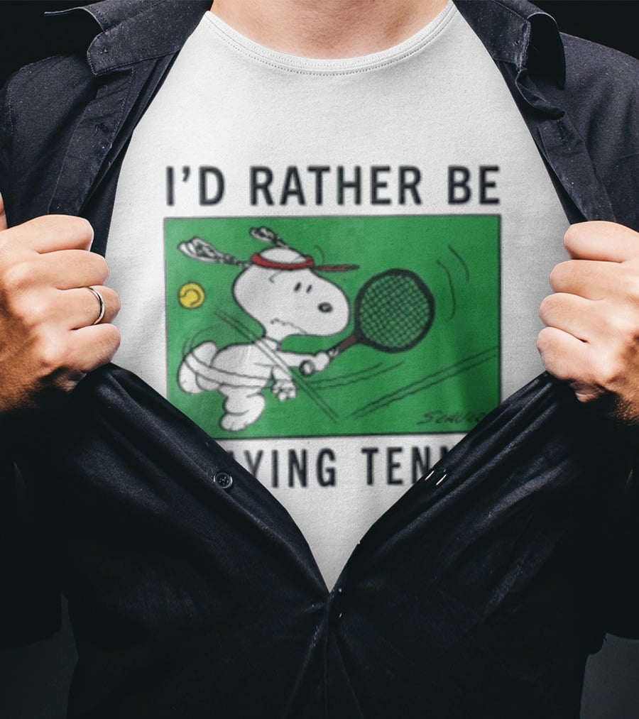I'd Rather Be Playing Tennis Peanuts Snoopy Racquet Cartoon Green Court Schulz T-Shirt