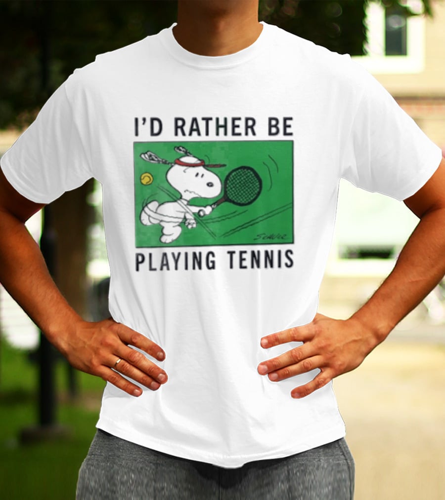 I'd Rather Be Playing Tennis Peanuts Snoopy Racquet Cartoon Green Court Schulz T-Shirt