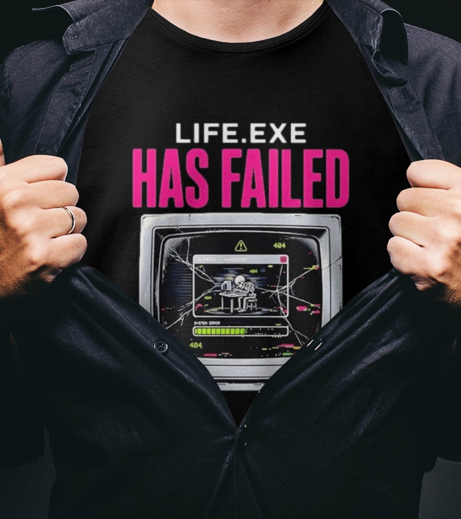 Lifeexe Has Failed System Error 404 Skeleton Computer Retro Monitor T-Shirt