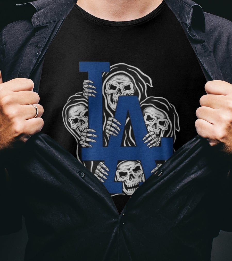 Skeletons Behind LA Dodgers Blue T-Shirt