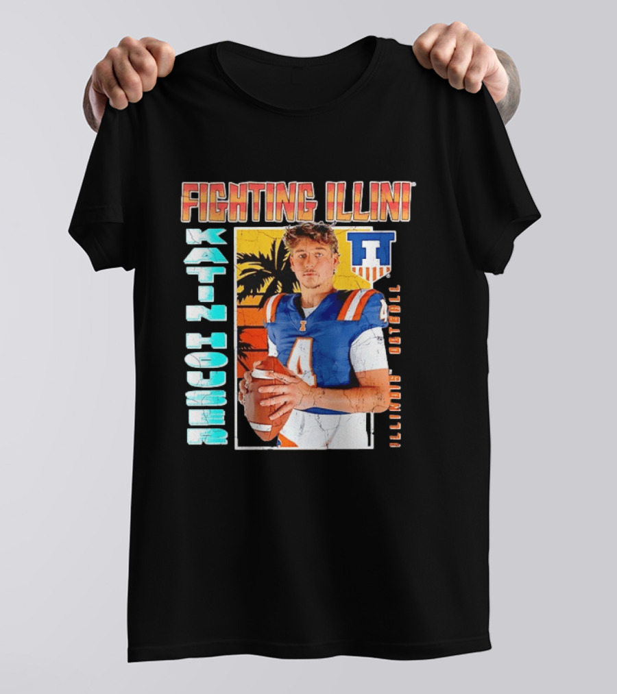 Fighting Illini Katin Houser Illinois Football Distressed Palm Tree T-Shirt