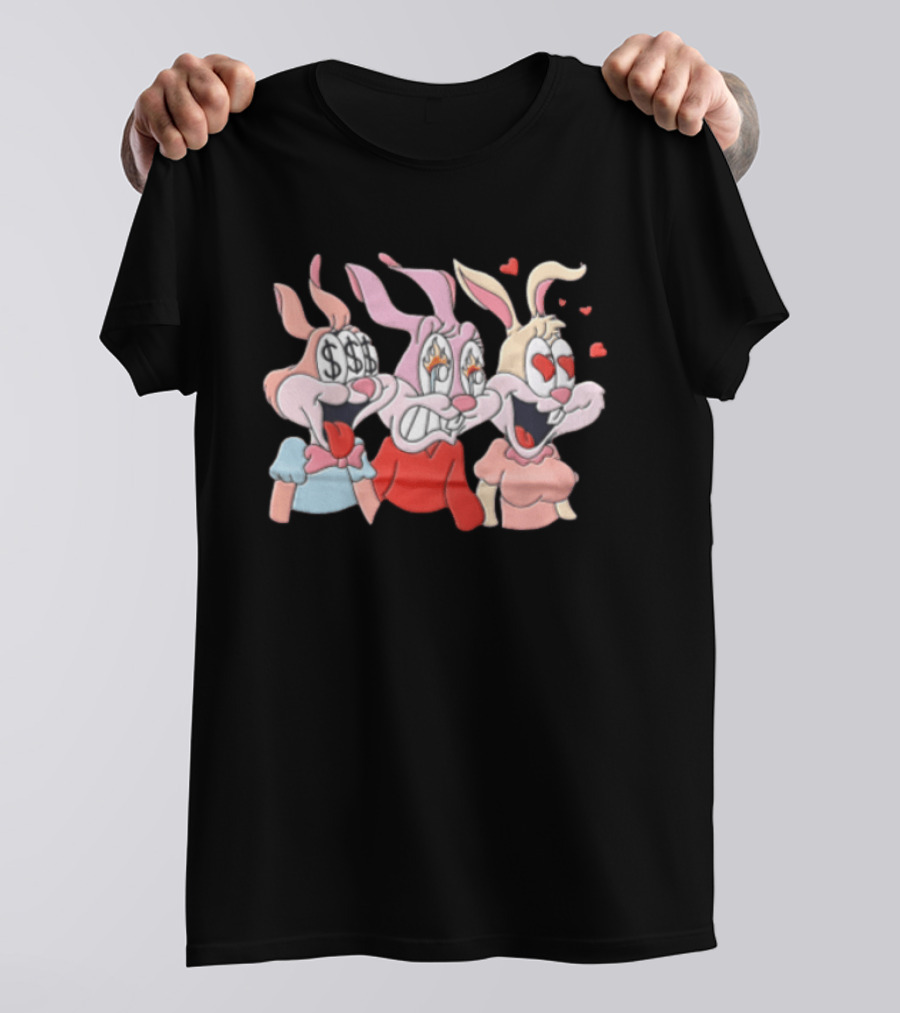 Three Cartoon Female Rabbits Dollar Signs Fire Heart Eyes Expressions T-Shirt