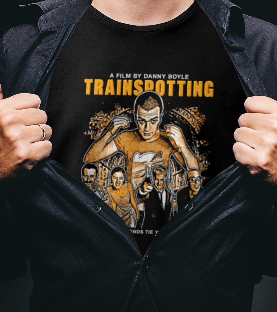 A Film By Danny Boyle Trainspotting Never Let Your Friends Tie You To The Tracks Halftone Cast Group T-Shirt