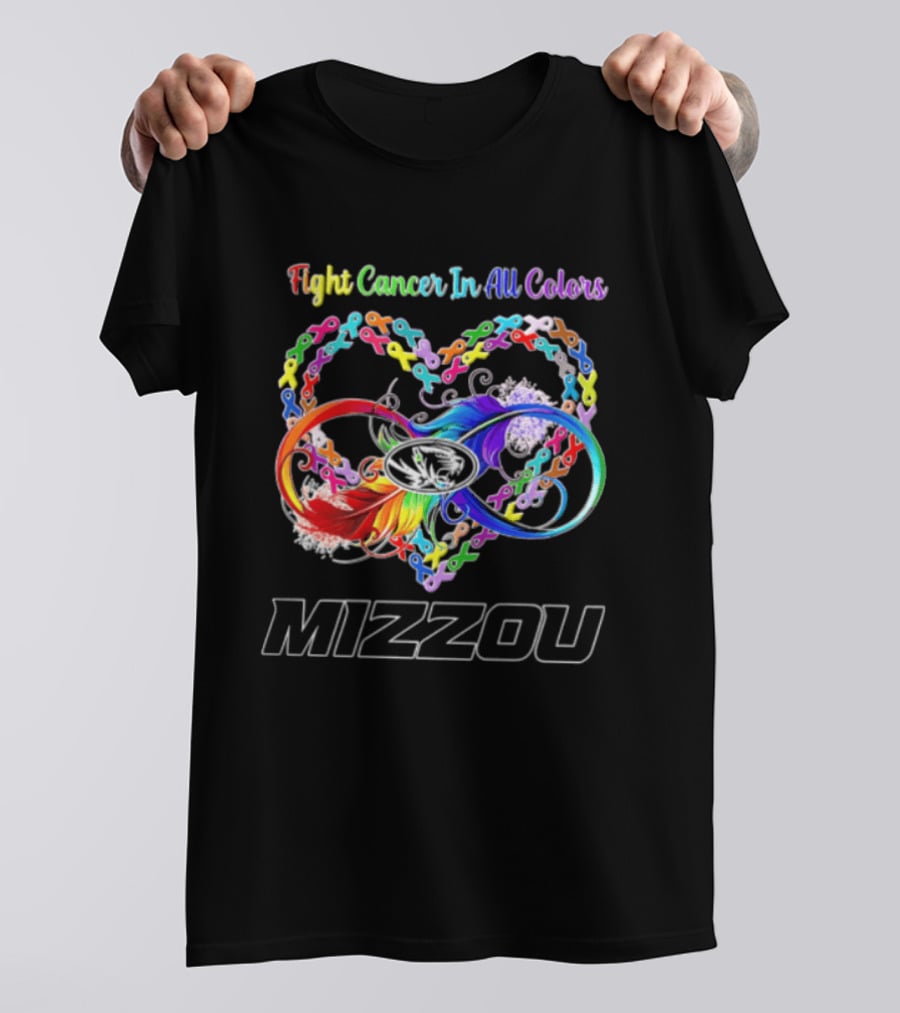 Mizzou Fight Cancer In All Colors Heart Infinity Ribbon Rainbow Feather T-Shirt