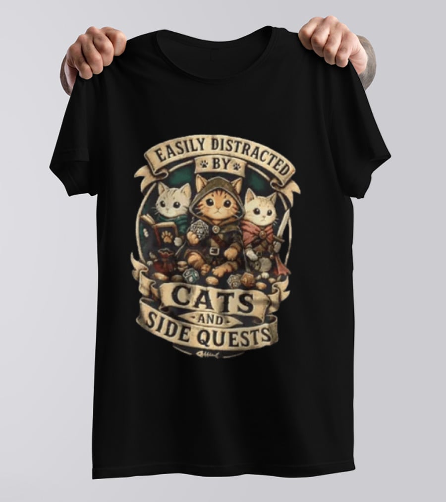 Easily Distracted By Cats And Side Quests Fantasy Adventure Cats T-Shirt