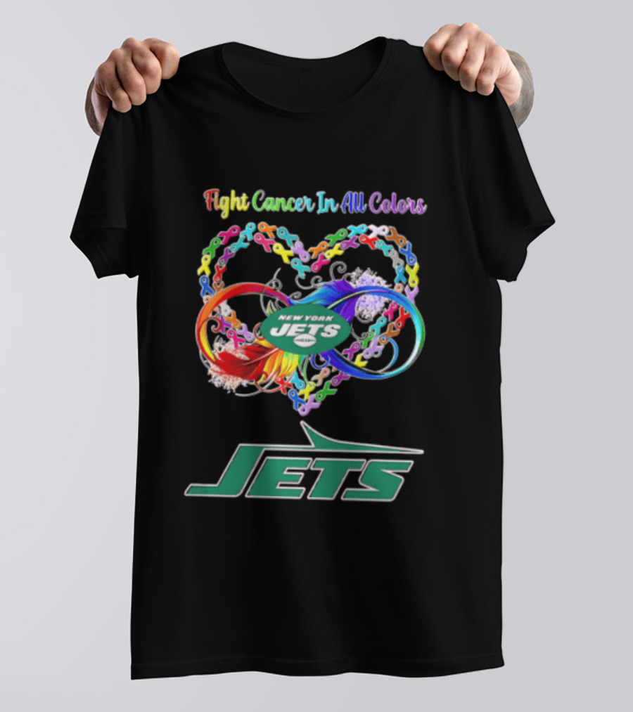 New York Jets Fight Cancer Rainbow Ribbons Infinity Heart Feather T-Shirt