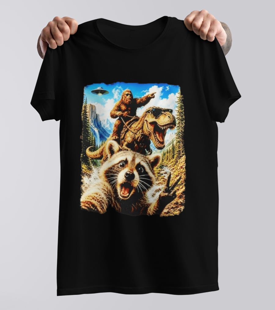 Raccoon Selfie Bigfoot Rex Adventure With UFO And Mountains T-Shirt