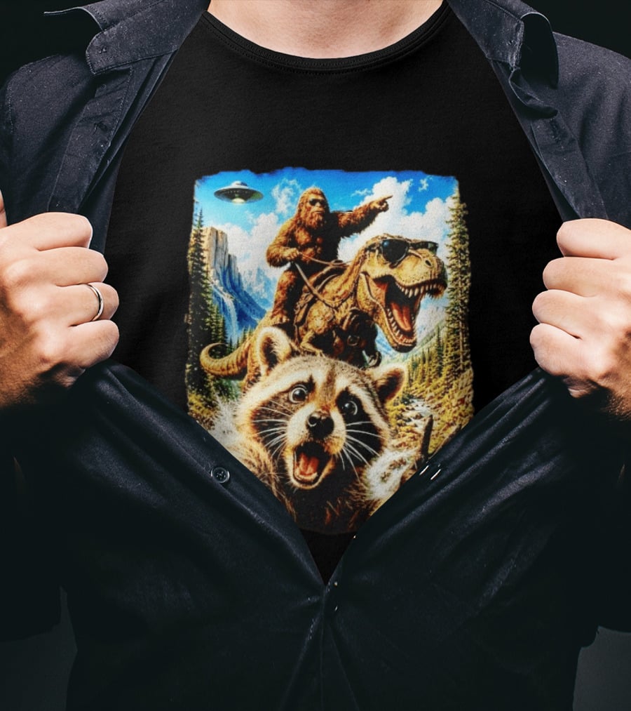 Raccoon Selfie Bigfoot Rex Adventure With UFO And Mountains T-Shirt