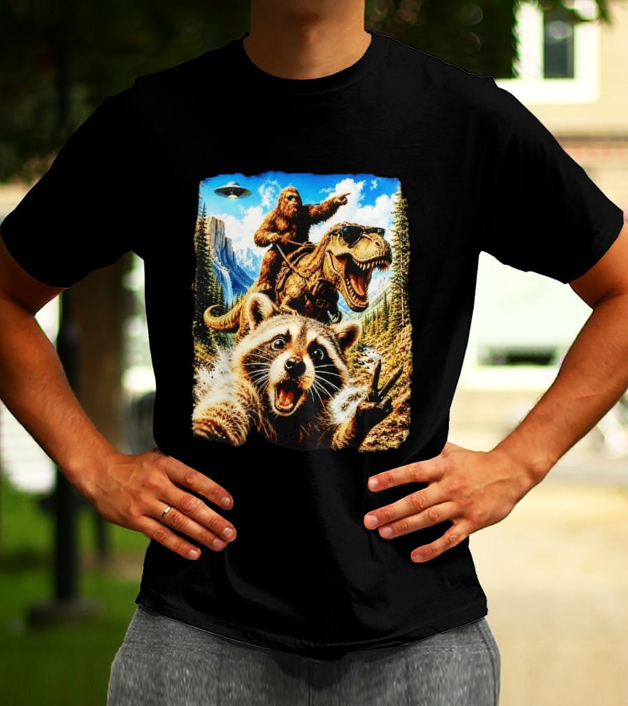 Raccoon Selfie Bigfoot Rex Adventure With UFO And Mountains T-Shirt