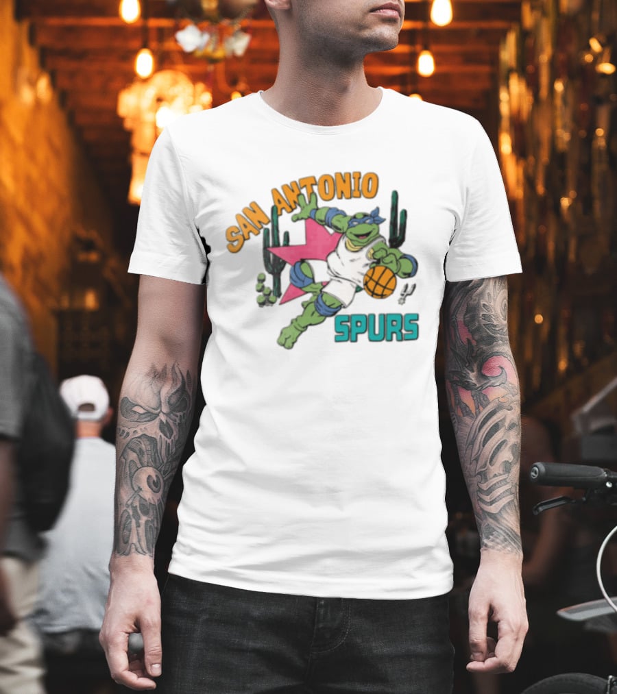 San Antonio Spurs Cartoon Turtle Dribbling Basketball Cacti T-Shirt