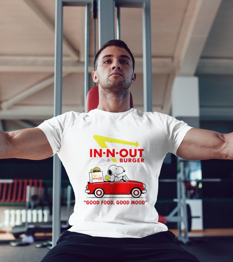 In N Out Burger Snoopy Woodstock Driving Red Convertible Good Food Good Mood T-Shirt
