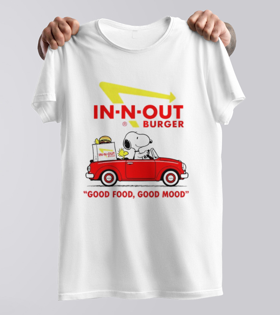 In N Out Burger Snoopy Woodstock Driving Red Convertible Good Food Good Mood T-Shirt