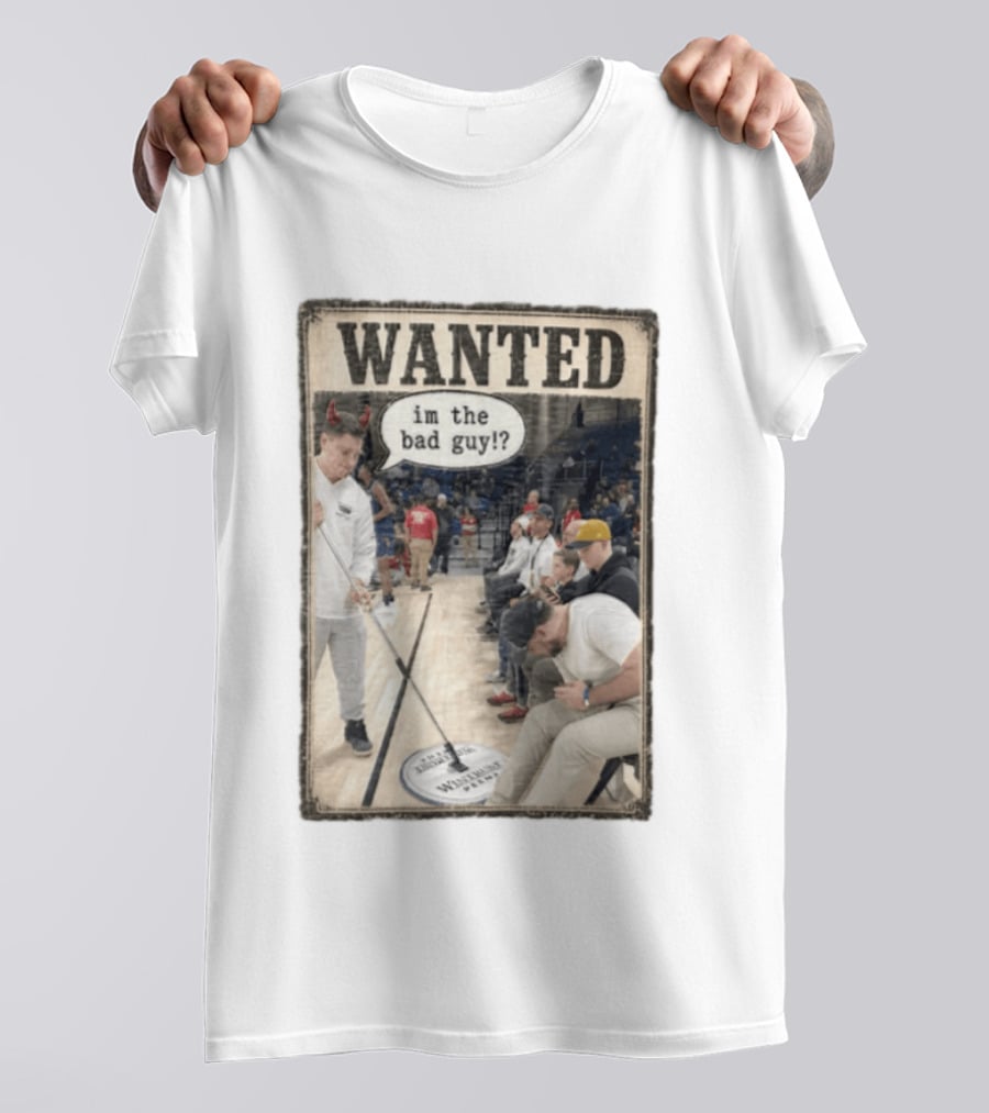 Wanted Im The Bad Guy Wintrust Arena Man Sweeping Floor Devil Horns T-Shirt