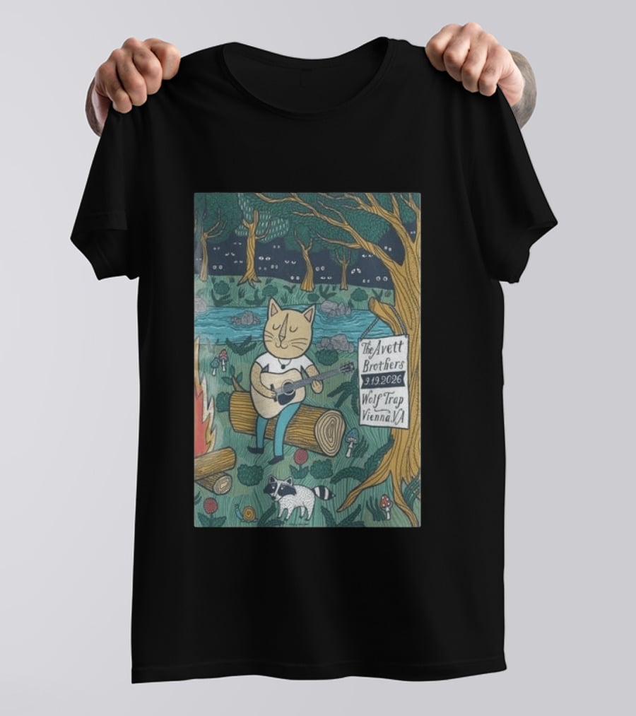 The Avett Brothers Wolf Trap Vienna Virginia 2026 Concert Cat Playing Guitar In Forest Scene T-Shirt