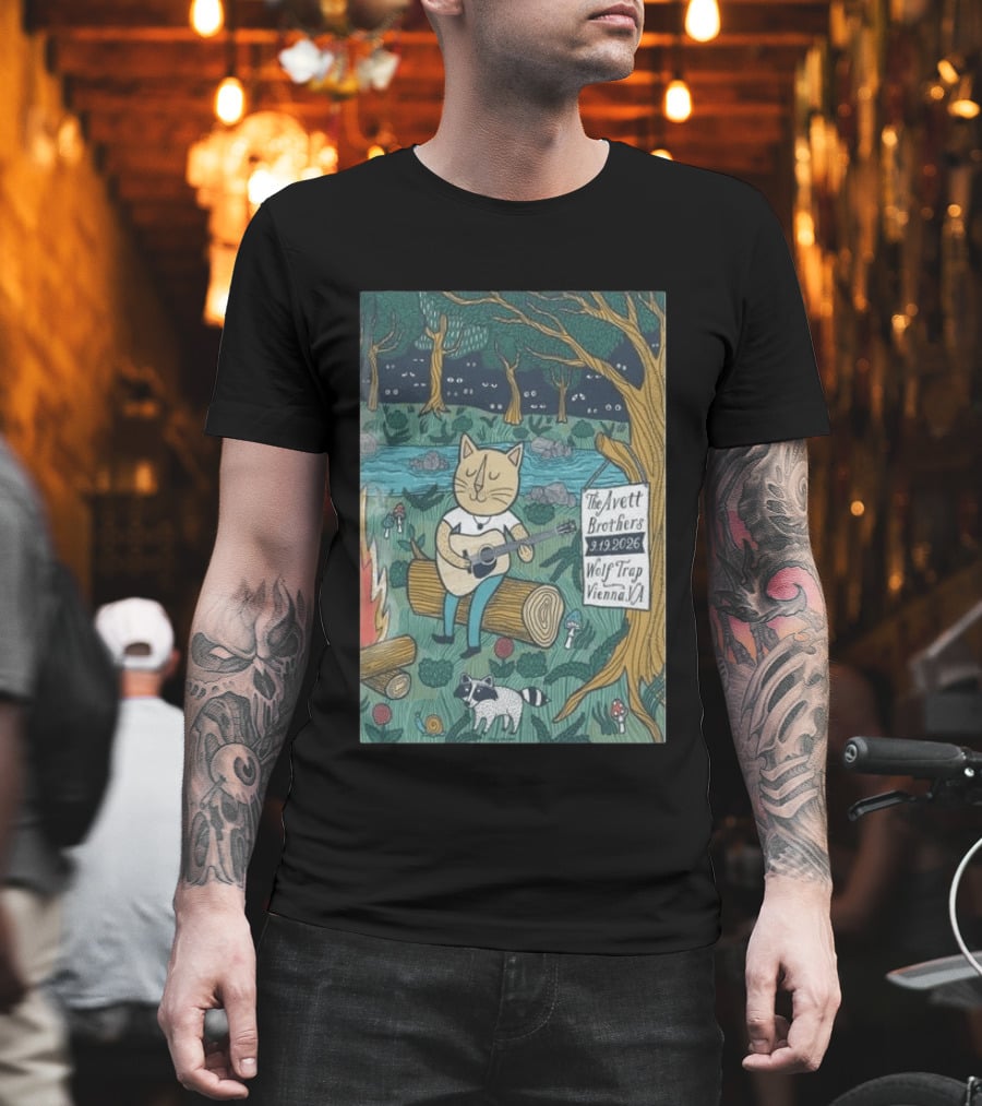 The Avett Brothers Wolf Trap Vienna Virginia 2026 Concert Cat Playing Guitar In Forest Scene T-Shirt