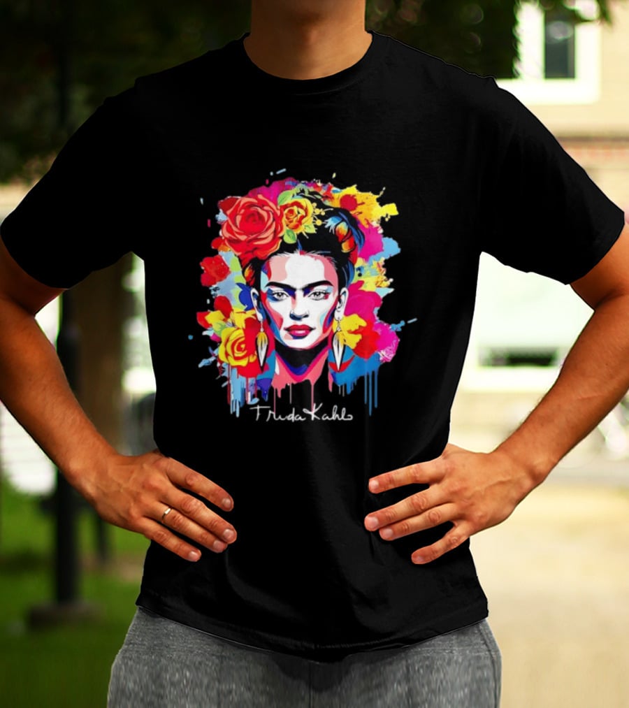 Frida Kahlo Colorful Floral Mexican Artist Vibrant Roses And Dripping Paint T-Shirt