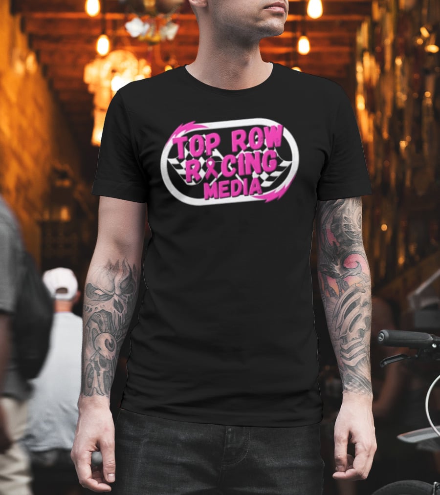 Top Row Racing Media Pink Checkered Flags Ribbon T-Shirt