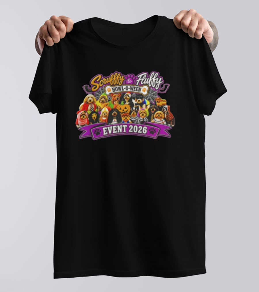 Scruffy To Fluffy Howl O Ween Event 2026 Many Dogs Wearing Halloween Costumes T-Shirt