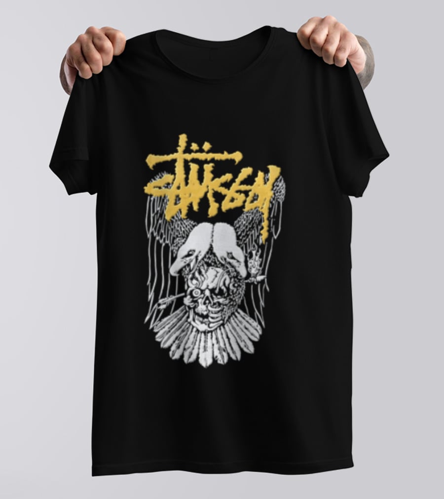 Stussy Two Headed Eagle Skull Yellow Text White Sketch T-Shirt