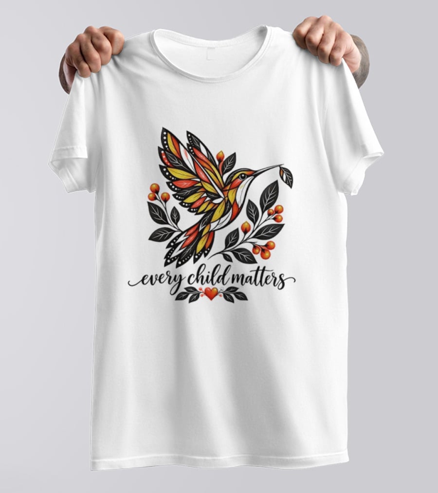 Every Child Matters Hummingbird Orange Awareness Floral Heart T-Shirt