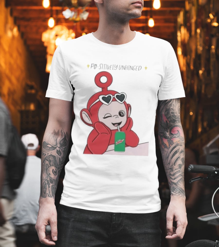Po Sitively Unhinged Funny Red Teletubby Heart Sunglasses Drinking Mtn Dew T-Shirt
