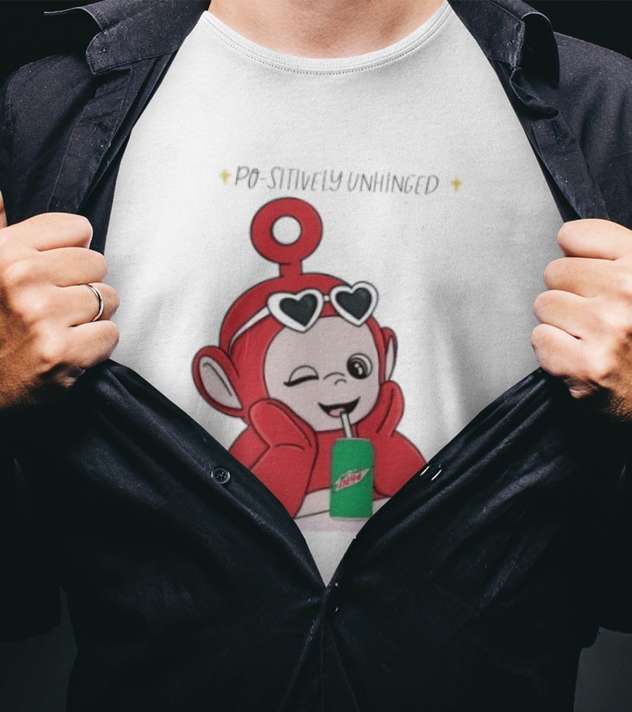 Po Sitively Unhinged Funny Red Teletubby Heart Sunglasses Drinking Mtn Dew T-Shirt