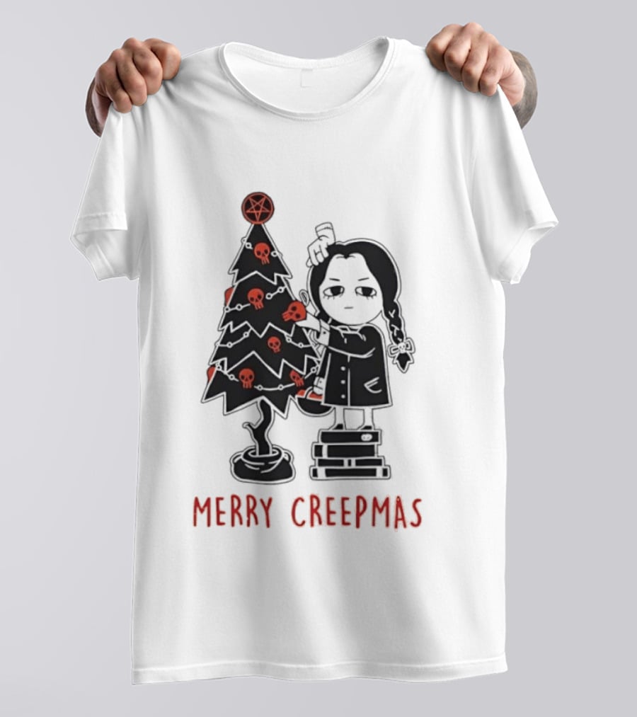 Wednesday Addams Merry Creepmas Goth Christmas Skulls Tree T-Shirt