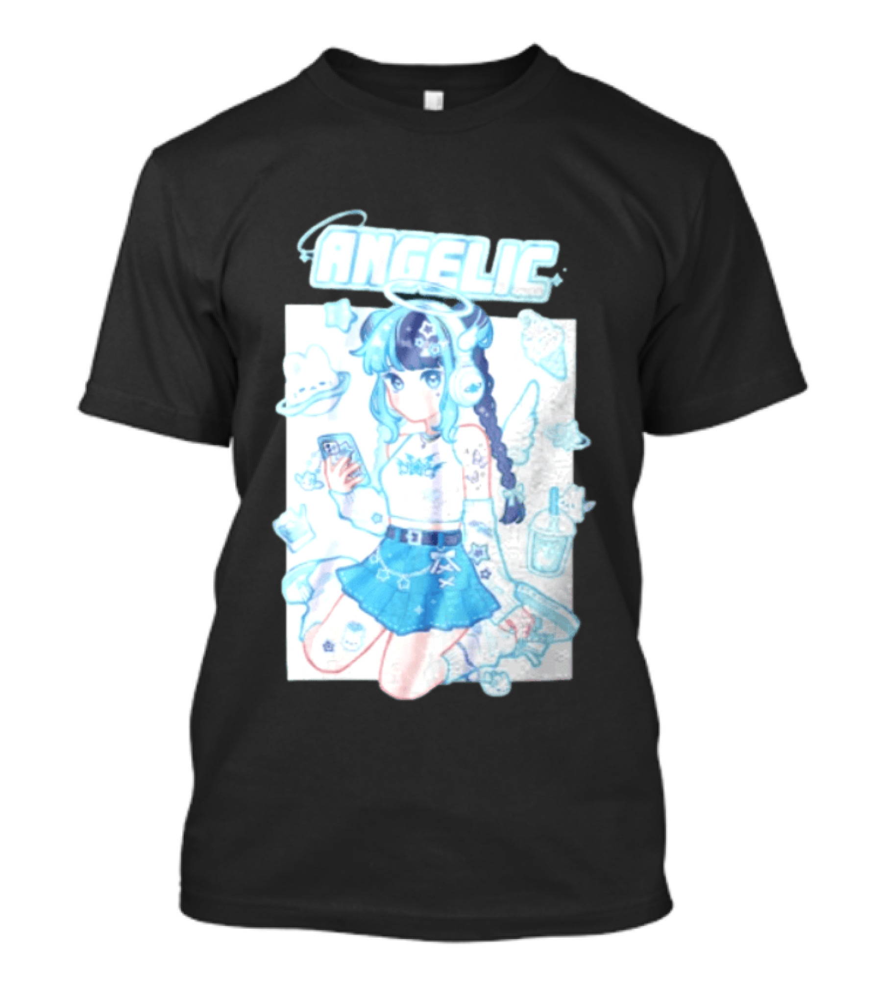 Angelic Anime Girl Halo Wings Headphones Cute Aesthetic Kawaii T-Shirt