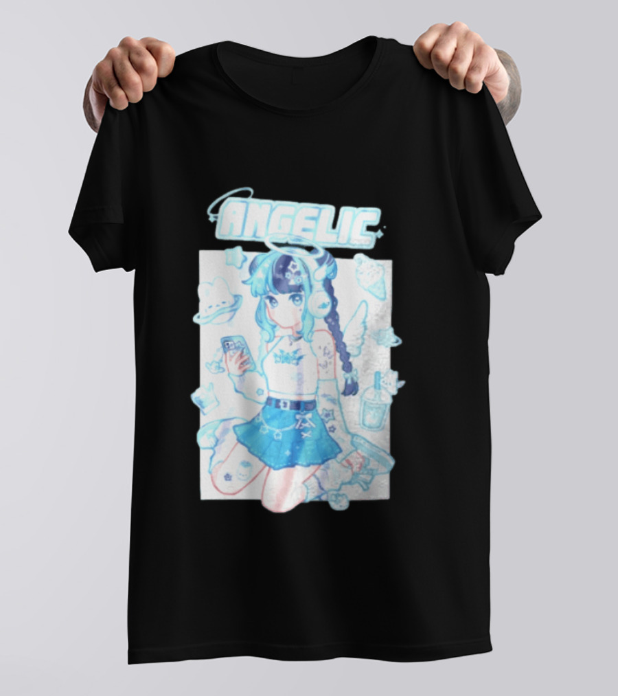 Angelic Anime Girl Halo Wings Headphones Cute Aesthetic Kawaii T-Shirt
