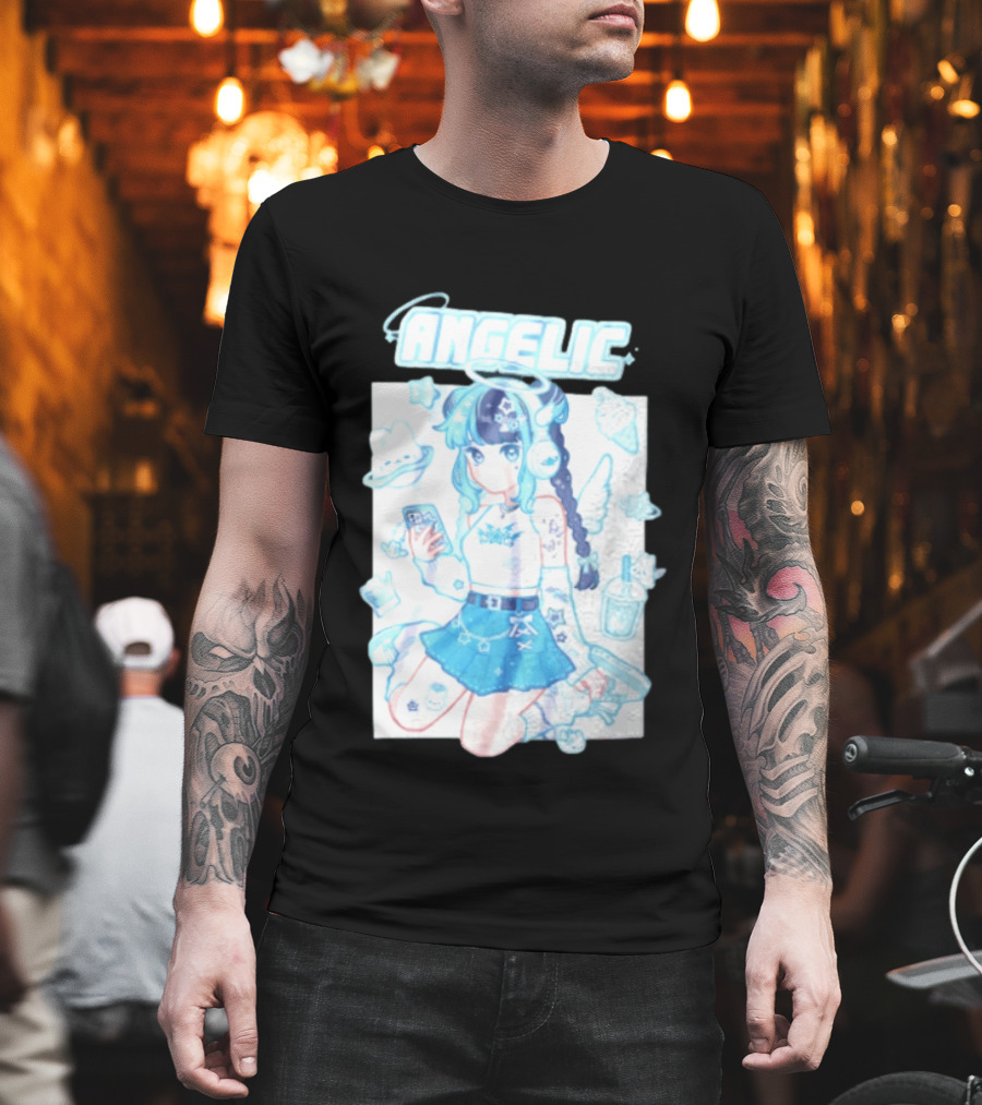 Angelic Anime Girl Halo Wings Headphones Cute Aesthetic Kawaii T-Shirt
