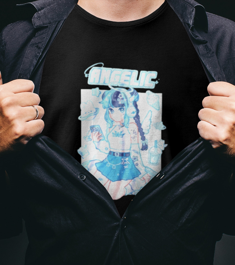 Angelic Anime Girl Halo Wings Headphones Cute Aesthetic Kawaii T-Shirt