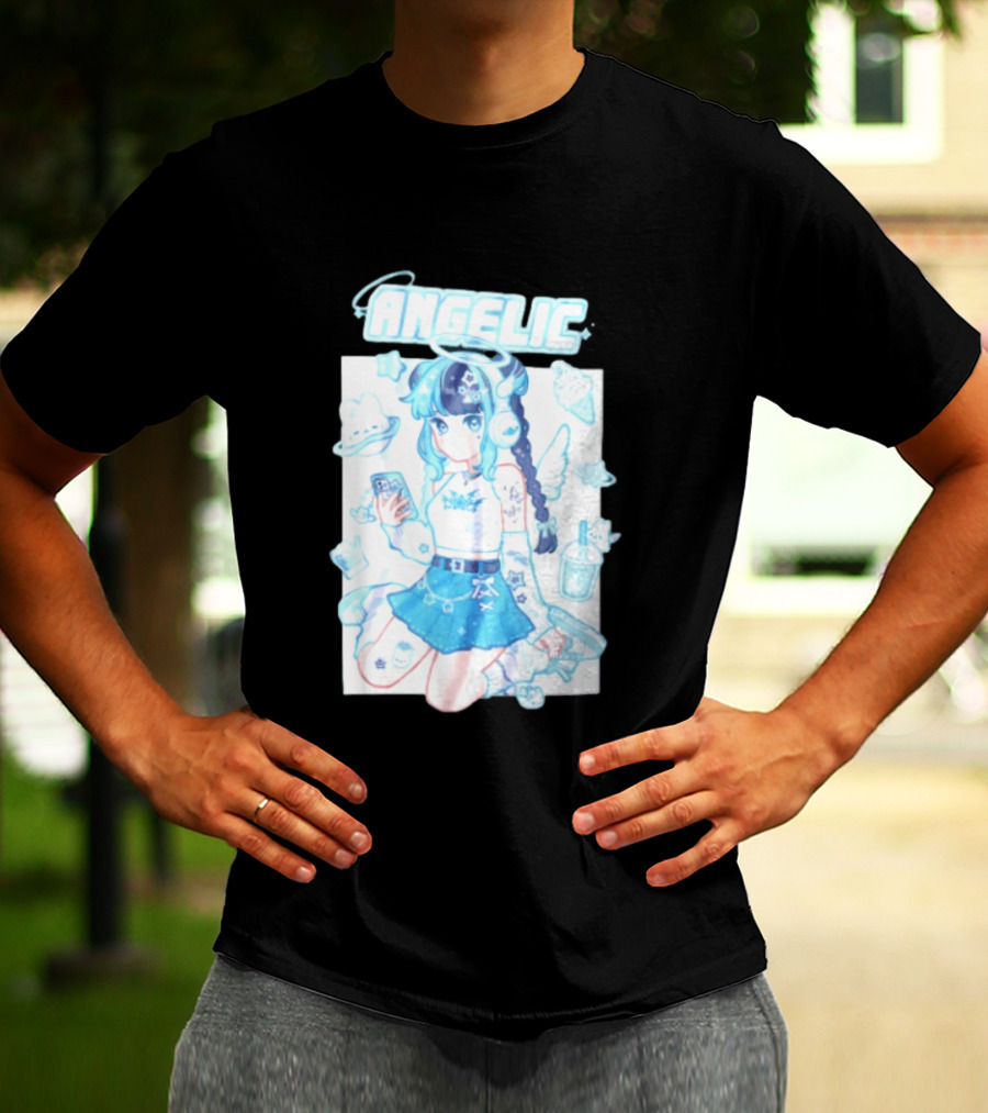 Angelic Anime Girl Halo Wings Headphones Cute Aesthetic Kawaii T-Shirt