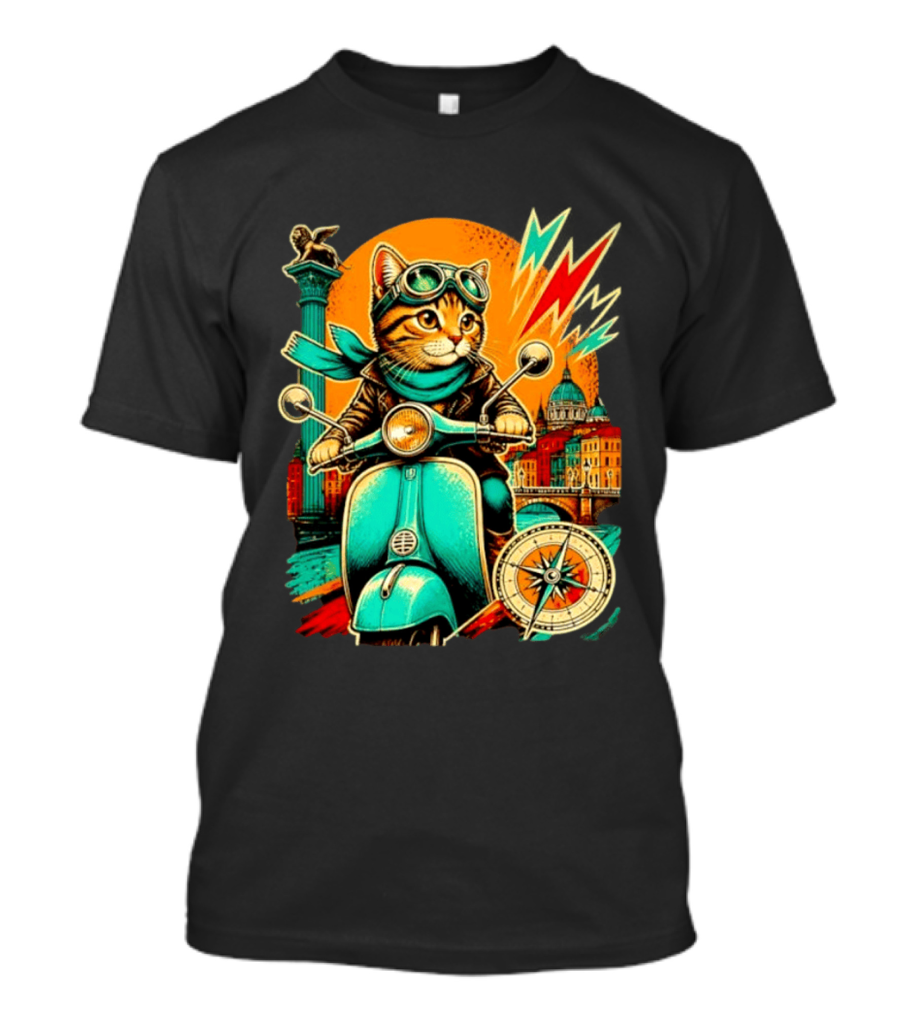 Cat On Scooter Adventure In Venice With Vibrant Cityscape And Compass T-Shirt